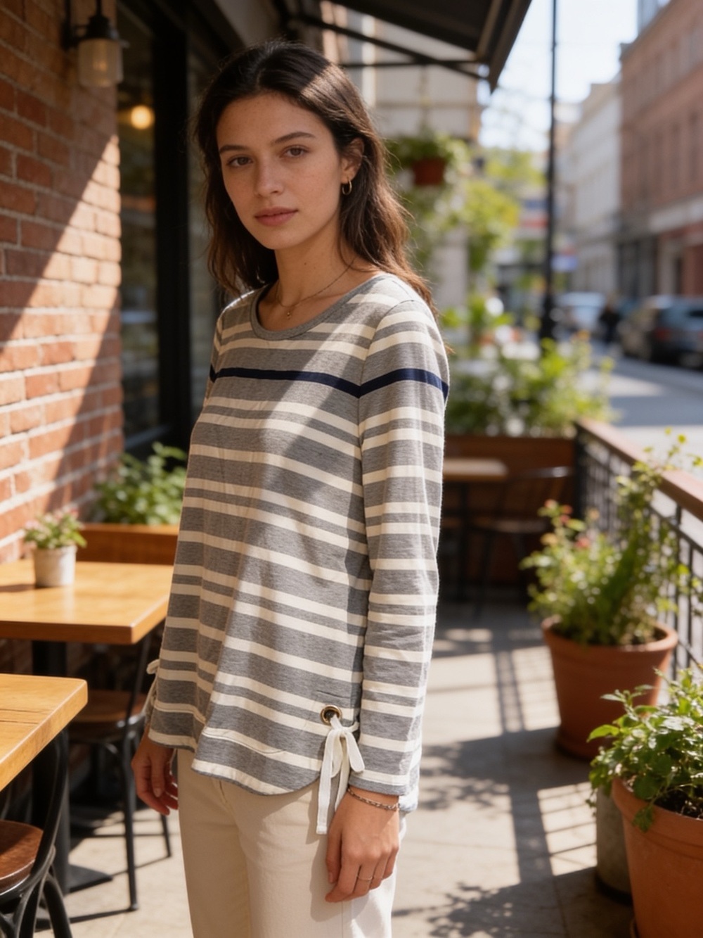 Charter Club Gray, Navy & Cream Striped Long-Sleeve Tie-Side Top